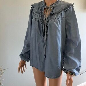 Anthropology blue denim blast with ruffle details and time in the front